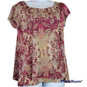 Notions Women's Small Red & Tan Tapestry Print Layered Knit Top EUC